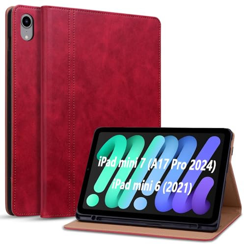 ONETHEFUL Coque pour iPad Mini 7 (A17 Pro 2024)/iPad Mini 6 (2021) Housse avec Porte-Stylet,Tablette Protection Case Compatible iPad Mini 7ème/6ème Génération 8,3 Pouces Veille/Réveil Auto Rouge