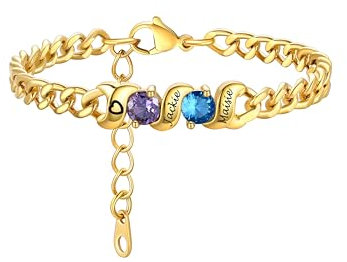 Custom4U Damen Geburtsstein Armbänder Gold Personalisierte Mutter Tochter Armband mit Namen Gravur Edelstahl 5mm breit Birthstone Crystal Damen Armreif 16cm+3cm lang
