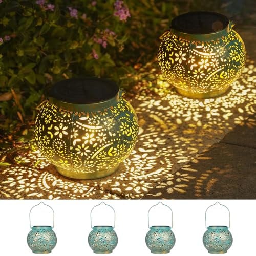 JOYCREATOR Solarlaterne für Außen Wasserdicht IP65, LED Solar Laternen für Draußen 4 Stück, Paisley Metall Solarlampen für Außen Garten Deko Hängend/ Stehend für Dekoration Balkon Rasen (Türkis)