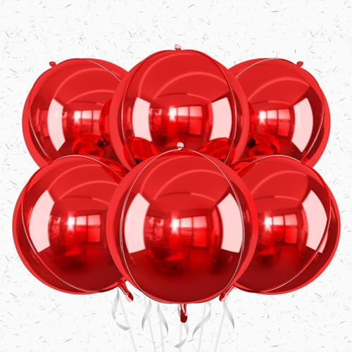 6Pcs Red Round Foil Balloons,Giant 4D Round Ball Balloons,22 Inch Metallic Red Balloon for Birthday Graduation Prom Party Decorations