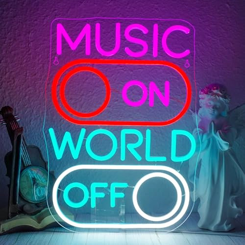 ineonlife Music on, World off Neon Led, Music World Luces Neon Regulable para Decoración de pared, Led Neons para Cerveza,Bar,Estudio Música,Discoteca,Dormitorio,Fiesta Regalo