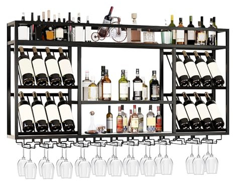 RAJYQODIS Portabottiglie da parete con portabicchieri, espositore per vino a 3 livelli, mensole sospese in metallo rustico per liquori, per bar di casa, portabottiglie da cucina (nero, 160cm)