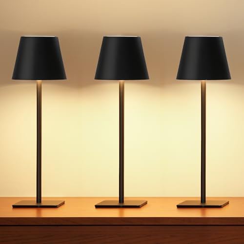 UME Kabellose Tischlampe, batteriebetriebene Lampe – tragbare, wasserdichte, wiederaufladbare Tischlampe mit 3 Farbtemperaturen und stufenlosem Dimmen für Abendessen, Schreibtisch, Café (3, Schwarz)
