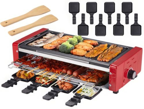 Raclette Grill Electric - Nonstick Indoor Griddle with 8 Cheese Pans & 2 Wooden Spatulas - Smokeless BBQ Grill for Cheese Dishes & Cooking Parties
