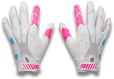 Under Armour Boys' Youth Blur Football Gloves, (101) White/Pink Rave/Fresco Blue, Youth Medium