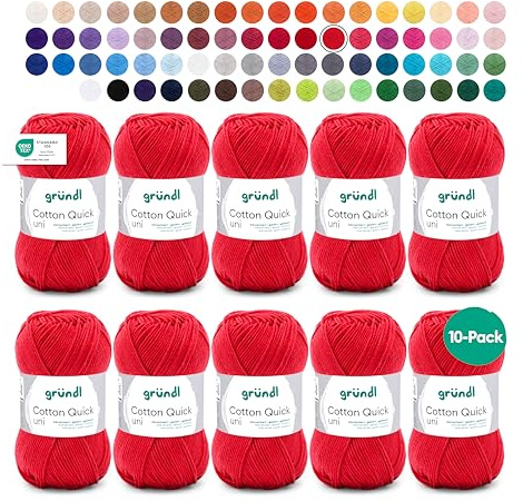 Gründl Laine Cotton Quick uni Fil à crocheter 10 pelotes 50 g, Rouge feu