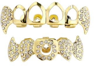 Goldfarben plattierte Hip Hop Zähne Grill Top & Bottom Grill Hip Hop Bling Hohle Vampirzähne für Halloween