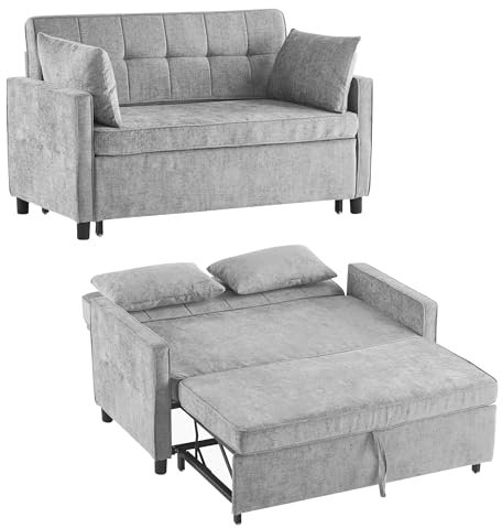homeokay Ausziehbares Schlafsofa, Cabriolet 174x125cm Schlafsofa Couch für Wohnzimmer, Chenille Stoff, 2 Kissen (Grau)