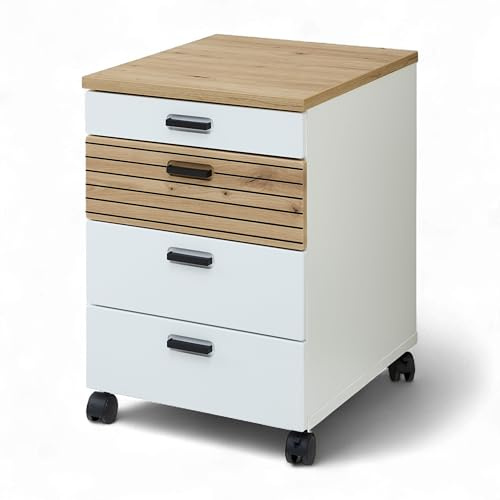 Stella Trading Glenn Rollcontainer Schreibtisch in Weiß, Artisan Eiche Optik - Mobiler Büroschrank mit Schubladen - 45 x 66 x 55 cm (B/H/T)