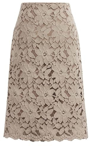 Lace Midi Skirts for Women, High Waist A-Line Skirts with Lined Floral Overlay - Perfect for Party, Date & Bridal (Khaki, XL)