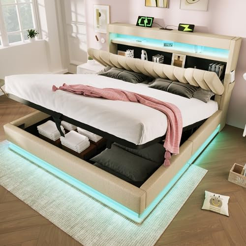 RIAZOS Polsterbett 180x200 cm, Stauraum-Kopfteil mit USB- und Typ-C Ladefunktion, Doppelbett mit Hydraulischem Stauraum, Bettgeltell mit LED und Lattenrost, Leinen, Beige, ohne Matratze