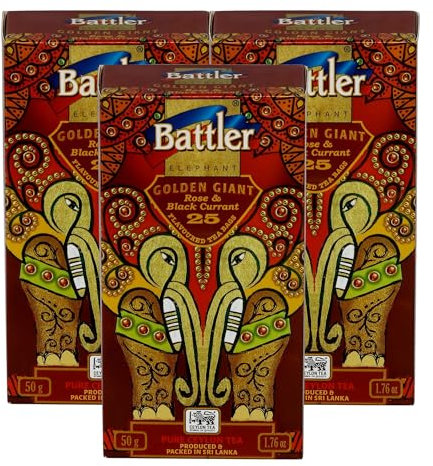 Battler Elephant Golden Giant - Té negro gigante con rosa y grosella negra, paquete múltiple de 3 x 25 bolsitas de té, mezcla de Ceilán premium, envueltas individualmente, cajas interiores