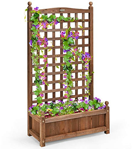 COSTWAY Blumenkasten mit Rankgitter, Pflanzkasten Holz für Kletterpflanzen, Hochbeet mit Spalier, Gartenspalier Rankkasten mit Drainagelöchern, für Garten Hof Balkon, 64,5 x 28 x 120 cm, Braun
