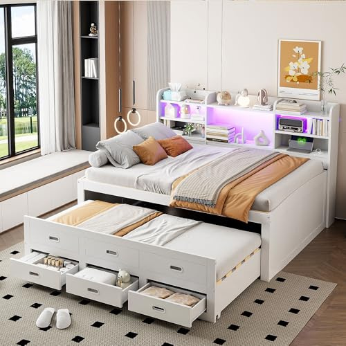 Huayz Cama de día de 140 x 200 cm, con mando a distancia LED, sofá cama con 3 cajones, cama de madera con USB+Type-c, cama con cama nido para niños, niñas, adolescentes, sin colchón, blanco (140 x 200