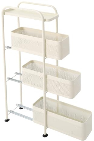 KAPIPALA Schmaler 4-stöckiger Küchenwagen mit Rollen & ausziehbaren Körben – 15 cm schmales Rollregal für Küche, Bad, Wohnzimmer – Kohlenstoffstahl, belüftete Netzkörbe, milchweiß (40x15x89,5 cm)