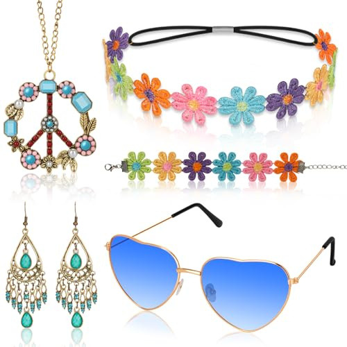 Alintor Hippie Accessoires für Schlagermove Outfit Damen, 5 Stück Hippie Kostüm Damen Accessoires, Flower Power Zubehör für 70er Jahre Bekleidung, Peace Kette, Brille