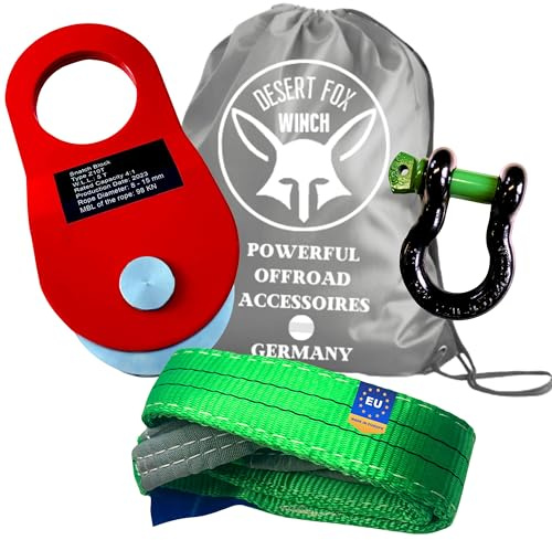 Desert Fox Winch Bergeset 10T Umlenkrolle, 7/8 Zoll Schäkel, 1,5 m Bergegurt und Tasche - Offroad Recovery Kit, Abschleppset, Bergungsgurt für Geländewagen, SUV, Jeep und Forst