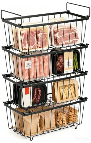 4 Pack Freezer Baskets for Chest Freezers Stackable Chest Freezer Organiser | Stainless Steel Black Freezer Storage Baskets to Sort Frozen Food, Freezer Storage Bins with Handles for Easy Access