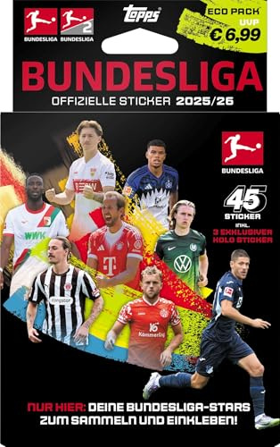 Topps Bundesliga Sticker 2025/26 ECO Pack – 45 Sticker in 6 Tüten + 3 exklusive „Monster Mentality“ Glitzersticker - Offizielle Fußball‑Stickerkollektion 2025/2026