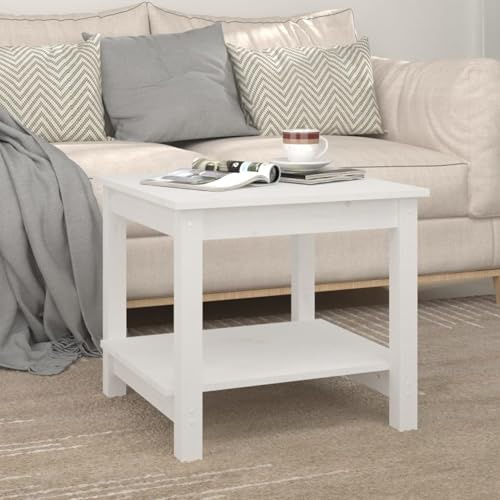 WGYHOME Couchtisch Weiß 50x50x45 cm Massivholz Kiefer – 2-Etagen-Design mit Ablage für Deko, Snacks & Medien, ideal als Wohnzimmer-, Couch- oder Beistelltisch