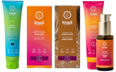 khadi ColorCycle RUBIO OSCURO CENIZA Kit completo - Tinte vegetal para el cabello + DEEP CLEANSE Champú clarificante ayurvédico + COLOR FINISH Acondicionador para después del tinte + Aceite capilar CO