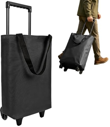 2-in-1 Einkaufstrolley auf Rollen, 30L Große Einkaufstasche auf Rollen, Leichter Einkaufswagen Klappbar für Camping und Reisen, Inklusive Einkaufswagenlöser (Schwarz)
