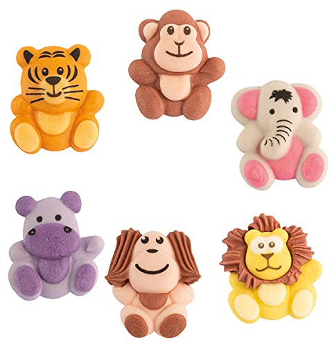 Günthart 48 Tierfiguren, Zootiere sitzend aus Zucker in 2D Optik, flach, in sechs Varianten als Affe, Löwe, Nilpferd, Tiger, Elefant und Hund
