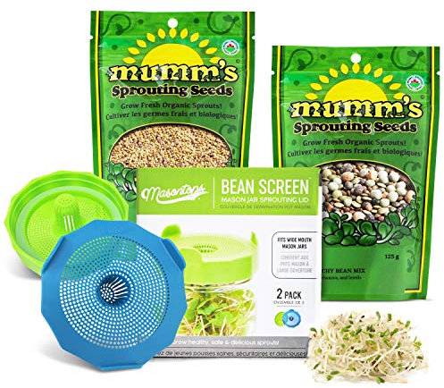 Masontops Kit de culture de germes de haricots – Couvercles de germination et mélanges pour micropousses – Couvercle à large ouverture pour bocal Mason