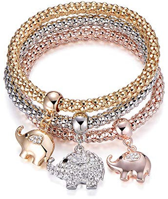 Ouran 3 pulseras elásticas para mujer, pulsera de cadena de palomitas de maíz con dije de oro rosa y plata para amigas, regalo para mamá (3 piezas), 22 cm, Cristal Metal, Circonita cúbica