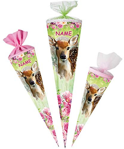 Schultüte - süßes REH - Rehkitz & Blumen - 35-85 cm - Größe wählbar - rund - incl. Name - Tüllabschluß - Zuckertüte - mit/ohne Kunststoff Spitze - Nestler..