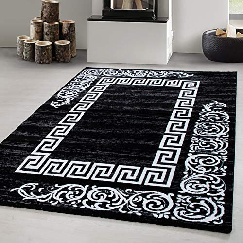 Carpetsale24 Kurzflor Teppich 80x300 cm, Modern Mäander Design in Schwarz Weiß, Pflegeleicht, ideal für Lange Flure, Eingangsbereiche oder Bettseiten
