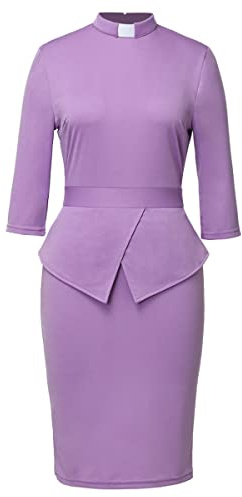 BLESSUME Catholic Church Women Clergy Tab Collar Dress Mass Sheath Dress, Light Purple, M