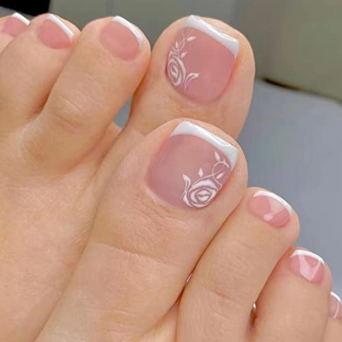 RUNRAYAY White French Tip Appuyez Sur L'Ongle D'Orteil avec Motif Rose, Faux Ongles D'Orteil Press Ons Couverture Complète Ongles de Pied Artificiels pour Salons de Manucure et DIY Nail Art Été