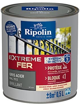 RIPOLIN - Peinture pour Fer Extérieur - Glycéro Antirouille - Sous-couche intégrée - Application directe sur Rouille - Résistante aux Intempéries, UV et Chocs - Brillant - 0,5L - Gris Acier RAL 7012