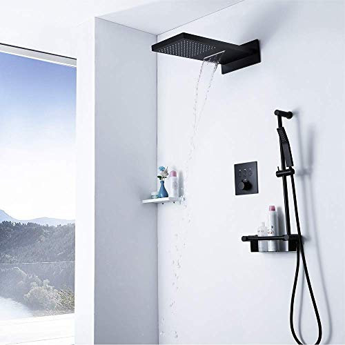 CAZARU Verdeckter schwarzer Kupfer-Thermostat-Wasserfall-Duscharmatur mit festem Duschkopf aus Kupfer