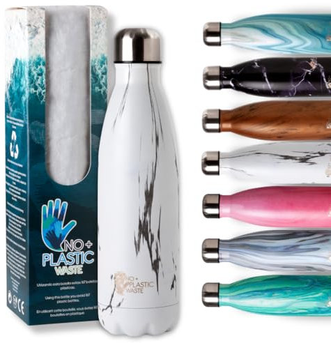 Botella agua acero inoxidable 500ml –Botella termica triple capa, Reutilizable y ecologica, tapa antigoteo, mantiene frío y calor – sin BPA color Blanca, sostenible| Diseño unico No + Plastic Waste