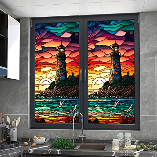 Fensterfolie Blickdicht Leuchtturm Sichtschutzfolie Fenster Selbsthaftend,Milchglasfolie Anti-Uv,Folie Fenster Sichtschutz,Fenster Folie Blickschutz,Blickdichte Fensterfolie