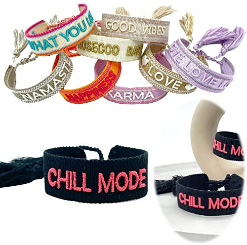 LS-LebenStil Exklusives Statement Armband Quasten besticktes Boho Canvas Webarmband (Chill Mode Schwarz Bubble Pink)