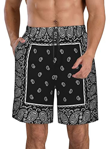 908 Herren Badeshorts Vintage Schwarzes Paisley-Bandana Jogginghose Schnelltrocknend Strandkleidung Lässige Kurze Hose L