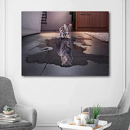 MHLCMG Leinwand Malerei Katze Tiger Reflexion Tier Bilder Wandkunst Lustig Poster Kunstdruck Bild Wand Wohnzimmer Schlafzimmer Dekor Kein Rahmen (70X105CM)