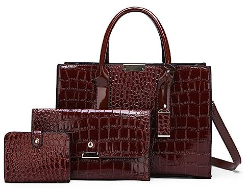 AlwaySky 3pcs Damen Tote Geldbörse und Handtasche Krokodil Muster Satchel PU Umhängetasche Kupplungs-Geldbörse Karteninhaber Dunkelbraun