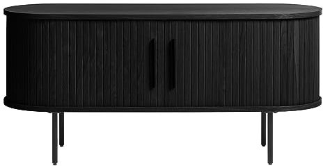 Trendstore Uriel Lowboard in Lamellenoptik, Schiebetüren, moderner Retrolook, Lamellen-Design, Metallakzente, praktische Metallfüße, Wohnzimmer, Lamellen Eiche Furnier schwarz, 120