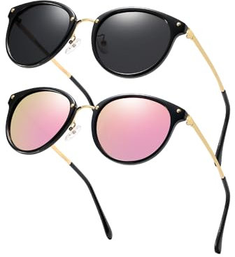 Cleoxyge Polarisierte Sonnenbrille Damen-Herren,Vintage Elegant Metallrahmen UV400-Schutz Outdoor Für Angeln Fahren Reisebrille Mode Sonnenbrille (2 Pack (Polarisierte):Grau+Rosa)