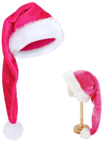 Lang Weihnachtsmütze für Kinder,Rosa Santa Mütze mit Plüsch Rand Bequemes Dicker Klassischer nikolaus mütze aus Samt Weihnachtsmann-Kostümzubehör für festliche Partys im neuen Jahr Weihnachten