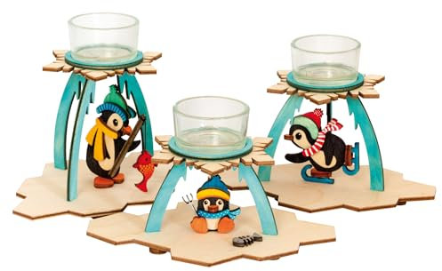 Drechslerei Kuhnert - Hobaku Bastelset Teelichthalter - Motiv: 3 Pinguine - Dekoration aus Holz zum Zusammenbauen - Maße: 13 x 9 x 10/11/12 cm - Made in Germany
