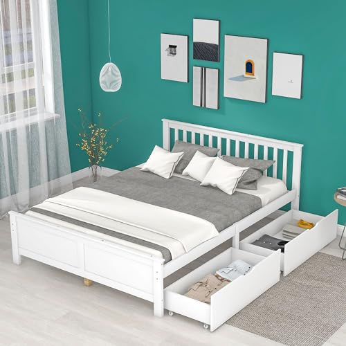 HYUB Holzbett Doppelbett 140 x 200 cm mit Kopfteil und Lattenrost, Einfacher Stil Bettgestell, Jugendbett Rahmen mit Zwei Schubladen aus Kiefernholz, Weiß