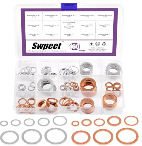 Swpeet Lot de 160 bouchons de vidange d'huile M6 M8 M10 M12 M14 M16 M18 M20 - Rondelles plates en aluminium et cuivre rouge - Rondelles plates - Joint d'étanchéité pour voiture