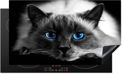 KitchenYeah© Protege Plaque Tapis Pour Induction 90x52 cm Deco Cuisine Protection Vitrocéramique Pour Cuisiniere Chat - Yeux - Gris - Bleu