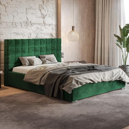 MOTIVENA Paris Bett 180x200 Grün Samt, mit Stauraum, mit Kopfteil, mit Lattenrost, mit Füßen, ohne Matratze, Polsterbett 180x200 mit Bettkasten Grün (Dunkelgrün)