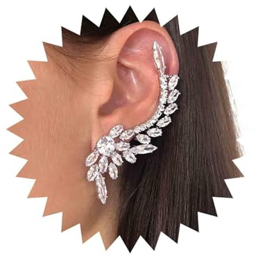 Aneneiceera Vintage Crystal Cuff Wrap Earrings Silver Rhinestone Leaf Ear Cuff Earrings Long Cz Ear Climber Cuff Earrings Boho Crystal Climbing Earrings Jewelry for Women and Girls